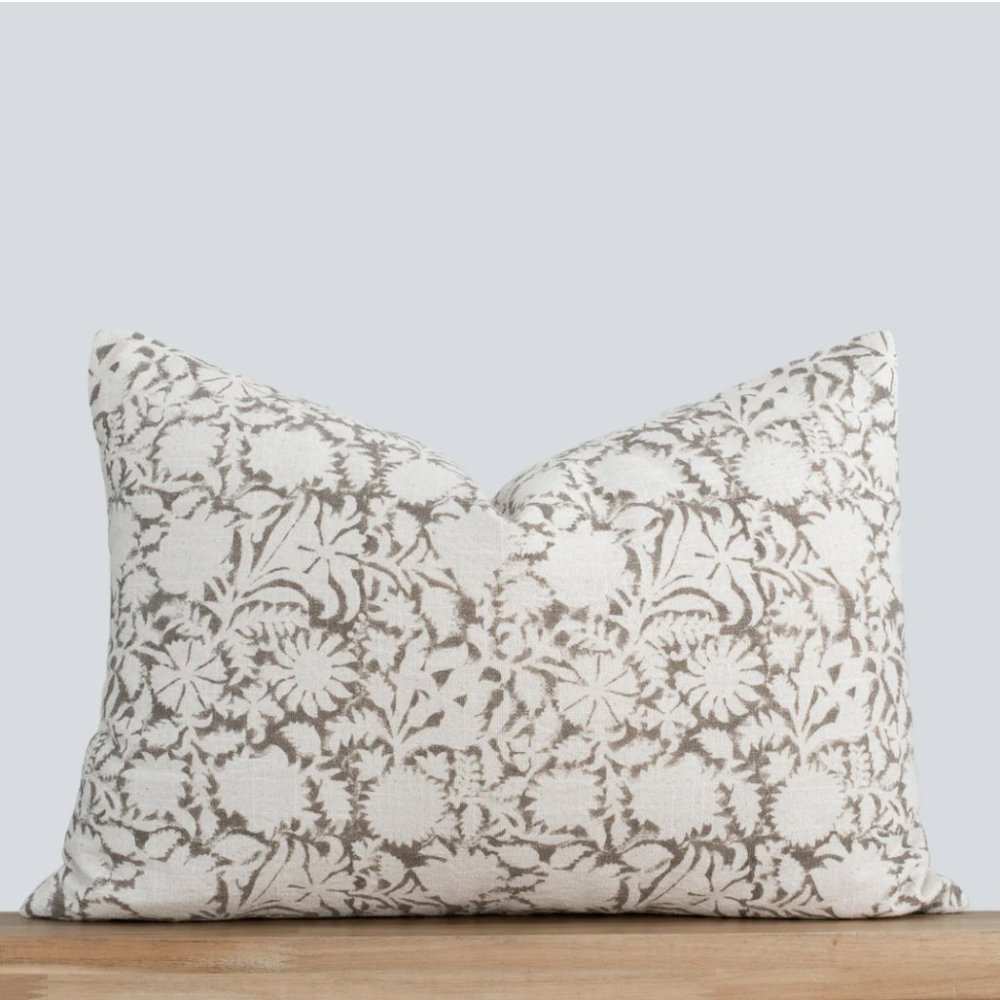 NWOT - DARA FLORAL BLOCK PRINTED PILLOW COVER | GREY | LUMBAR (14"x20")